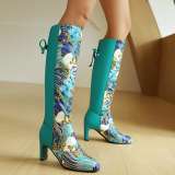 Multicolor Lace Up Floral Print Pointed Slip-on Knee-length Thick High Heel Boots Shoes (Heel Height 2.95in)