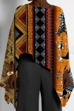 Orange Red African Pattern Girl Print Casual Loose High Low Round Neck Long Puff Sleeve Fall Winter Cloaks Tops Blouses