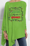 Fluorescent Green Christmas Tree Letter Print Casual Loose Irregular Hem Round Neck Long Sleeve Tops Blouses