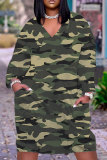 Brown Camouflage Print Deep V Neck Long Sleeve Ankle Length Casual Outing Straight Loose Midi Dress with Pocket