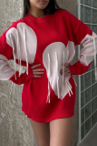 Red Casual Loose Knitting Fringed Trim Heart Shaped Contrast Draw String Hooded Collar Long Sleeve Fall Winter Sweatshirts Tops