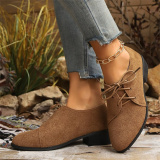 Casual Fall Winter Lace Up Leopard Contrast Pointed Low Chunky Heel Slip-on Loafer Shoes
