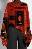 Red Green African Pattern Print Casual Loose High Low Round Neck Long Puff Sleeve Fall Winter Cloaks Tops Blouses