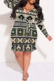 Green Casual National Totem Print Lace Up V Neck Long Sleeve Ruffle Hem Vacation Plus Size Bodycon Midi Dresses