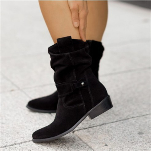 Yellow Brown Fall Winter Suede Pointed Thich Low Heel Mid-Calf Boots