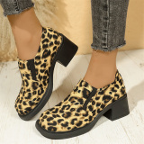 Grey Casual PU Leopard British Style Round Toe Wedges Slip-on Chunky Heel Loafer Shoes (Heel Height 2.17in)