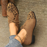 Casual Fall Winter Lace Up Leopard Contrast Pointed Low Chunky Heel Slip-on Loafer Shoes