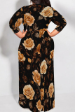 Orange Black Three Quarter O Neck Floor Length High Waist Lace Up Vacation Casual Outing Loose Maxi Dress