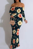 Khaki Floral Print Long Sleeve Off Shoulder One Step Skirt Formal Evening Party Wedding Bodycon Maxi Dress