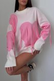 Red Casual Loose Knitting Fringed Trim Heart Shaped Contrast Draw String Hooded Collar Long Sleeve Fall Winter Sweatshirts Tops