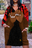 Brown Figure Print Deep V Neck Long Sleeve Ankle Length Casual Outing Straight Loose Midi Dress with Pocket