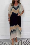 Pink Gradient Print V Neck Short Sleeve Casual Outing Vacation Straight Loose Chiffon Maxi Dress