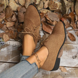 Casual Fall Winter Lace Up Leopard Contrast Pointed Low Chunky Heel Slip-on Loafer Shoes
