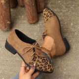 Casual Fall Winter Lace Up Leopard Contrast Pointed Low Chunky Heel Slip-on Loafer Shoes