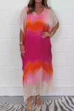 Pink Gradient Print V Neck Short Sleeve Casual Outing Vacation Straight Loose Chiffon Maxi Dress