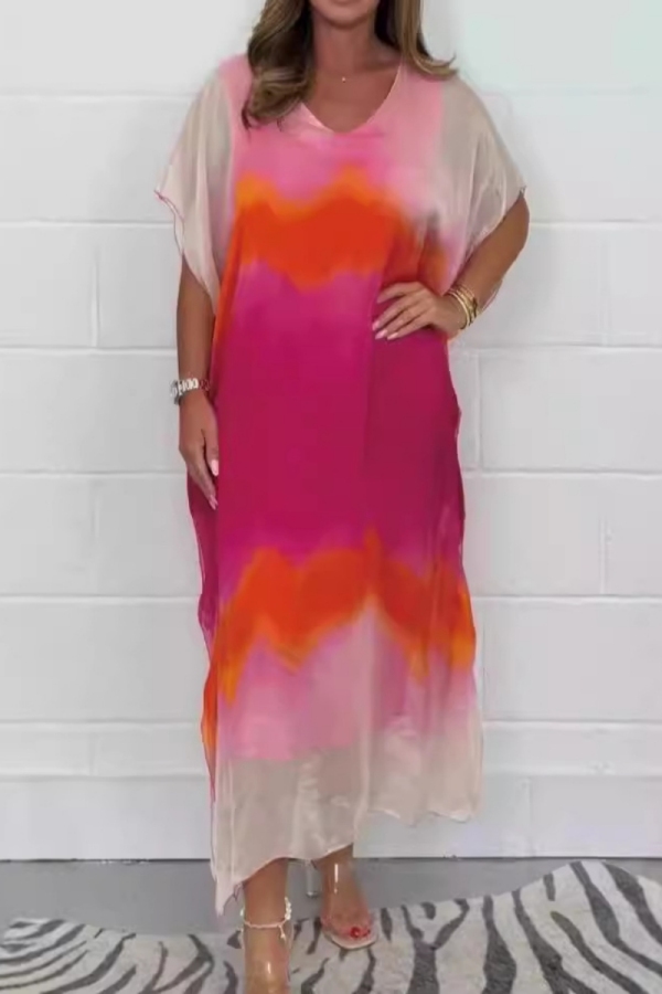 Pink Gradient Print V Neck Short Sleeve Casual Outing Vacation Straight Loose Chiffon Maxi Dress