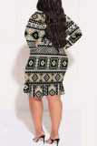 Green Casual National Totem Print Lace Up V Neck Long Sleeve Ruffle Hem Vacation Plus Size Bodycon Midi Dresses