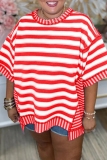 Red Striped Print O Neck Short Sleeve Loose T Shirt Women Summer Tees