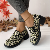 Grey Casual PU Leopard British Style Round Toe Wedges Slip-on Chunky Heel Loafer Shoes (Heel Height 2.17in)
