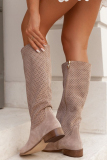 Khaki Fall Winter Casual Daily Hollow Out Breathable Round Knee-length Round Toe Thick Low Heel Boots Shoes