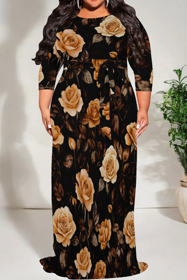 Orange Black Three Quarter O Neck Floor Length High Waist Lace Up Vacation Casual Outing Loose Maxi Dress