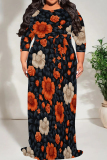 Orange Black Three Quarter O Neck Floor Length High Waist Lace Up Vacation Casual Outing Loose Maxi Dress