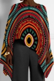 Red Green African Pattern Print Casual Loose High Low Round Neck Long Puff Sleeve Fall Winter Cloaks Tops Blouses