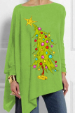 Fluorescent Green Christmas Tree Letter Print Casual Loose Irregular Hem Round Neck Long Sleeve Tops Blouses