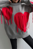 Red Casual Loose Knitting Fringed Trim Heart Shaped Contrast Draw String Hooded Collar Long Sleeve Fall Winter Sweatshirts Tops