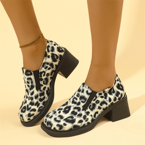 Grey Casual PU Leopard British Style Round Toe Wedges Slip-on Chunky Heel Loafer Shoes (Heel Height 2.17in)