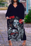 Orange Casual Floral Print V Neck Long Sleeve Long Plus Size Maxi Casual Outing Straight Loose Maxi Dress with Pocket