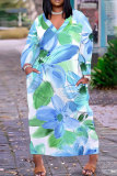 Grass Green Casual Floral Print V Neck Long Sleeve Long Plus Size Maxi Casual Outing Straight Loose Maxi Dress with Pocket