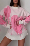 Red Casual Loose Knitting Fringed Trim Heart Shaped Contrast Draw String Hooded Collar Long Sleeve Fall Winter Sweatshirts Tops