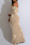 Khaki Floral Print Long Sleeve Off Shoulder One Step Skirt Formal Evening Party Wedding Bodycon Maxi Dress