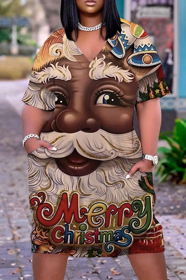 Brown Christmas Dress Santa Claus Print Deep V Neck Long Sleeve Ankle Length Casual Outing Straight Loose Midi Dress with Pocket