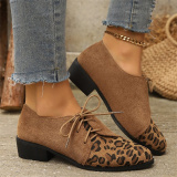 Casual Fall Winter Lace Up Leopard Contrast Pointed Low Chunky Heel Slip-on Loafer Shoes