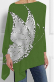 Fluorescent Green Christmas Tree Letter Print Casual Loose Irregular Hem Round Neck Long Sleeve Tops Blouses