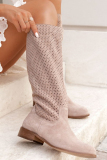 Khaki Fall Winter Casual Daily Hollow Out Breathable Round Knee-length Round Toe Thick Low Heel Boots Shoes