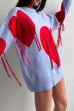 Red Casual Loose Knitting Fringed Trim Heart Shaped Contrast Draw String Hooded Collar Long Sleeve Fall Winter Sweatshirts Tops