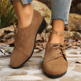 Casual Fall Winter Lace Up Leopard Contrast Pointed Low Chunky Heel Slip-on Loafer Shoes