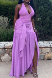 Sleeveless Ruched Strap Design Floor Length Side Slit Irregular Hem Long Evening Formal Party Halter Maxi Dresses