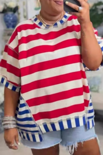 Red Striped Print O Neck Short Sleeve Loose T Shirt Women Summer Tees