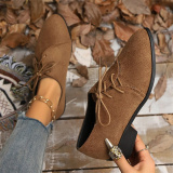 Casual Fall Winter Lace Up Leopard Contrast Pointed Low Chunky Heel Slip-on Loafer Shoes