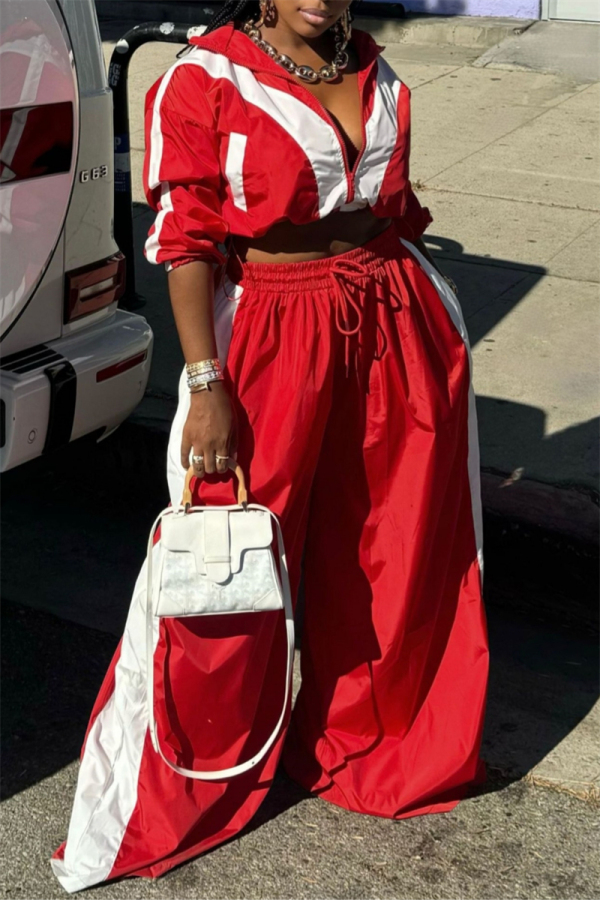 Blue Sportwear Loose Contrast Zip-up Stand Collar Long Sleeve Jacket and Wide Leg Sweatpants Fall Winter Two Pieces Sweatsuit Sets