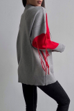 Red Casual Loose Knitting Fringed Trim Heart Shaped Contrast Draw String Hooded Collar Long Sleeve Fall Winter Sweatshirts Tops