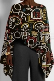 Blue African Pattern Girl Print Casual Loose High Low Round Neck Long Sleeve Fall Winter Cloaks Tops Blouses