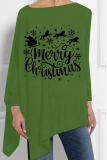 Fluorescent Green Christmas Tree Letter Print Casual Loose Irregular Hem Round Neck Long Sleeve Tops Blouses