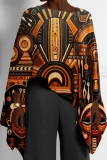 Blue African Pattern Girl Print Casual Loose High Low Round Neck Long Sleeve Fall Winter Cloaks Tops Blouses