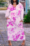 Grass Green Casual Floral Print V Neck Long Sleeve Long Plus Size Maxi Casual Outing Straight Loose Maxi Dress with Pocket