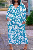 Grass Green Casual Floral Print V Neck Long Sleeve Long Plus Size Maxi Casual Outing Straight Loose Maxi Dress with Pocket